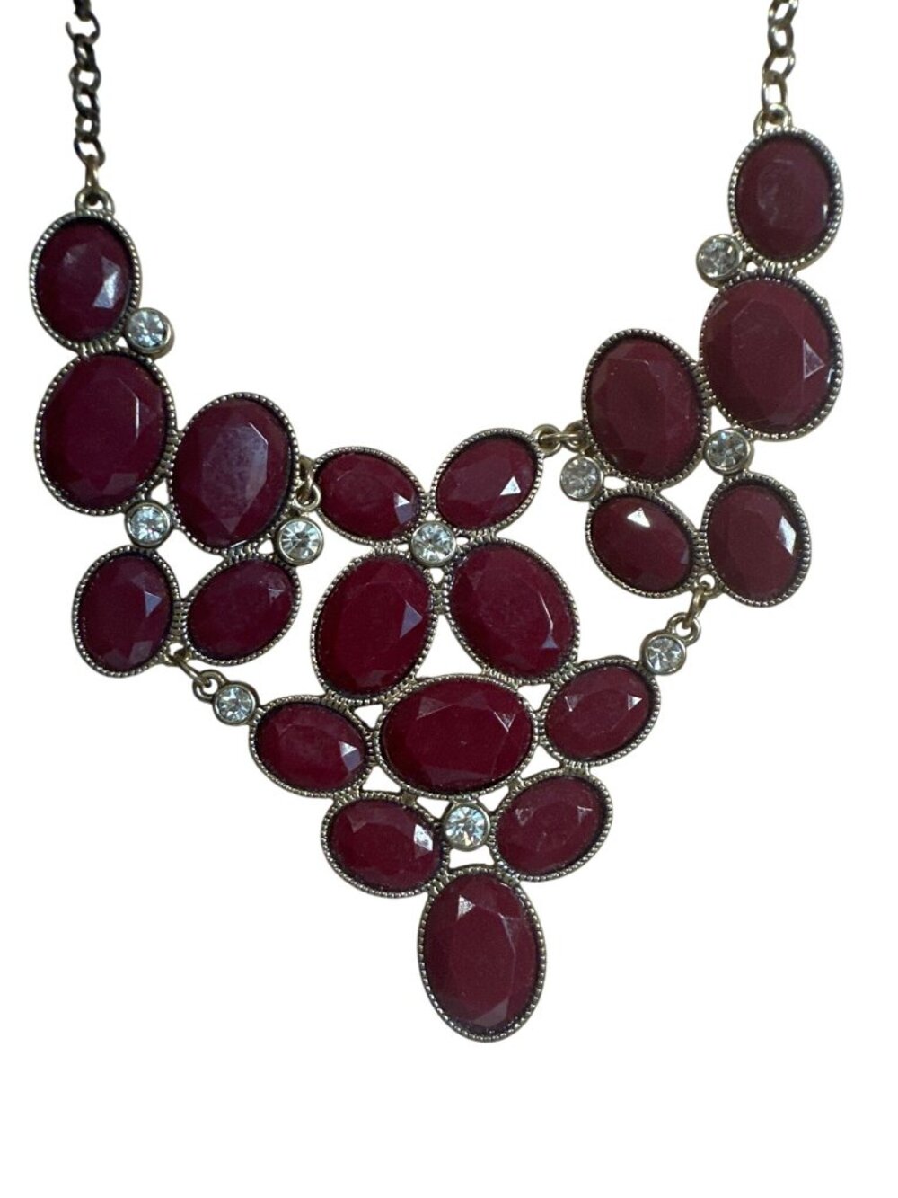 Statement Bib Necklace Red Oval Gemstones Rhinestone Gold-Tone Chain Elegant